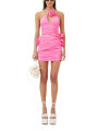 Women's Halter Bodycon Mini Dress, Sleeveless Cutout 3D Flower Ruched Club Party Dress. 