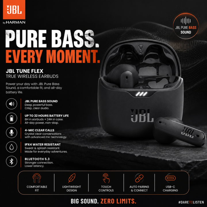 JBL Tune Flex Bluetooth Earbuds | Original | 32 Hours Battery Life | 6 Months Warranty