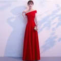 2024 New Bridal Toast Clothing Summer Noble Elegant Slant Shoulder Red, Long Slim Fit Wedding Dress Women. 