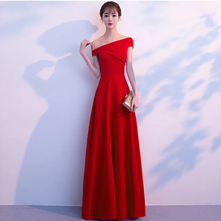 2024 New Bridal Toast Clothing Summer Noble Elegant Slant Shoulder Red, Long Slim Fit Wedding Dress Women