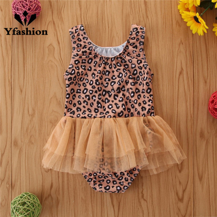 Yfashion Girls Cotton Sleeveless Swimwear Trendy Leopard Printing One-piece Mesh Skirt Breathable Swimsuit For 6m-5y Children