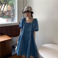 Summer2023New Preppy Style Short-Sleeved Dress for Female Students Korean Style Loose Slimming Mid-LengthALine Skirt Tide. 