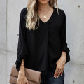 Yfashion Women Summer Loose Shirt V Neck Long Sleeve Roll Up Sleeve Solid Color Tunic Tops Business Casual Shirts Work Tops. 