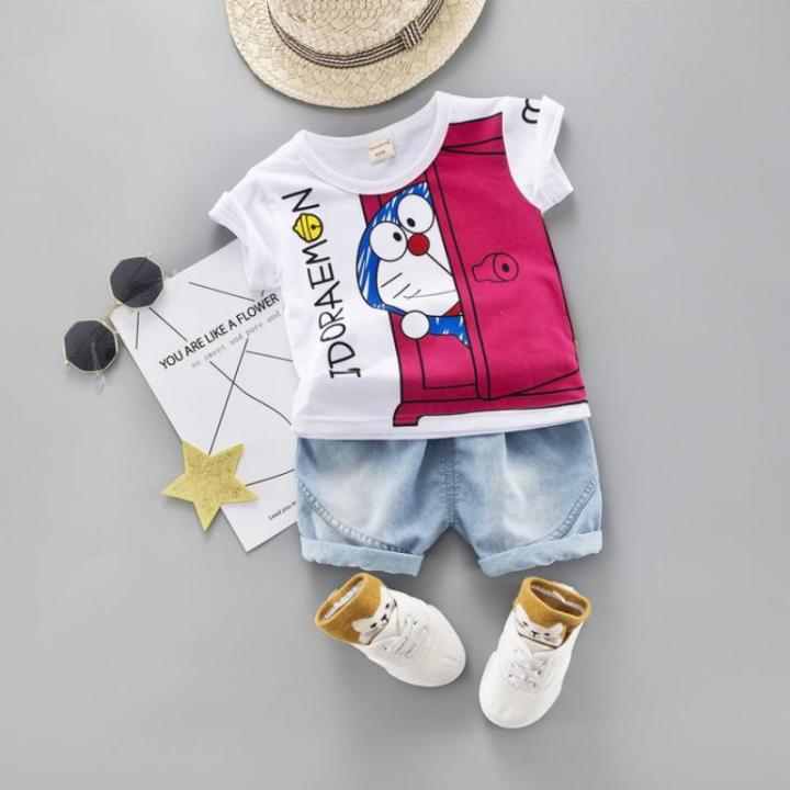 【BestGO】Boys Girls Short Sleeve Cartoon Print Tops T-shirt+Denim Shorts Children Casual Outfits Sets