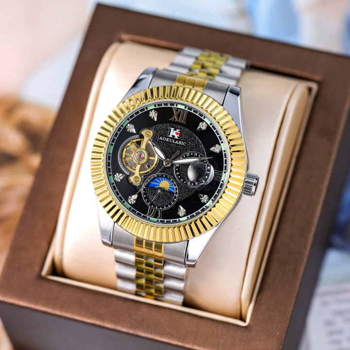 AOKULASIC Men's Automatic Sport Watches Fashion Luminous Casual Leather Band