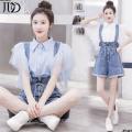 2023 Women's Two-Piece Shorts Korean Style Denim Brace Shirt Summer Nipped-Waist New Suit Age-Reducing Super Fairy Yarn Sleeve Thin. 