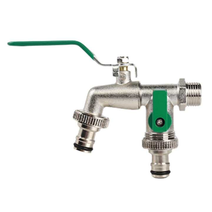 Double Nipple Alloy Garden Faucet Replacement Adapter Dual Control Water Discharge Faucet with Handle /Off Turn Green