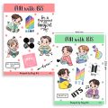 Cute stationeries pack based on BTS theme with 2 nos spiral notebooks and 2 nos sticker sheets with cute fancy pen perfect gift bundle for BTS lovers. 
