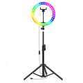 10-Inch RGB Ring Light Featuring Adjustable Multicolor Shades, Durable Stand, and Flexible Phone Mount for Social Media and Studio Use. 