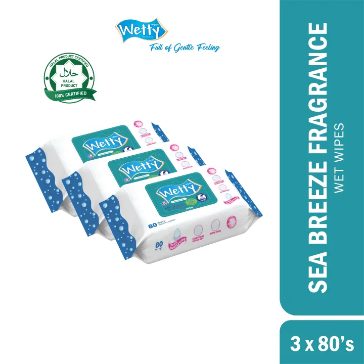 Wetty Wet Wipes Fragrance Sea Breeze Wet Tissue Extra Thick Tisu Basah Tebal 3 x 80's