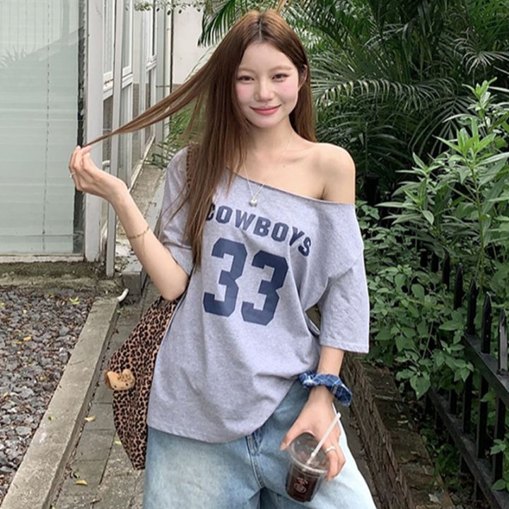 Women's Fashion Letter Print Chic Off-shoulder Short Sleeve Loose Casual T-shirt