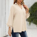 Women Casual Button Down Blouses 3/4 Sleeve Lapel Irregular T-shirt v Neck Loose Solid Color Cardigan Tops. 
