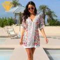 Women Swim Cover-up Boho Floral Print Beach Cover-up with Tassel Detail Sun Protection Dress for Women Colorful Print Beach Dress. 