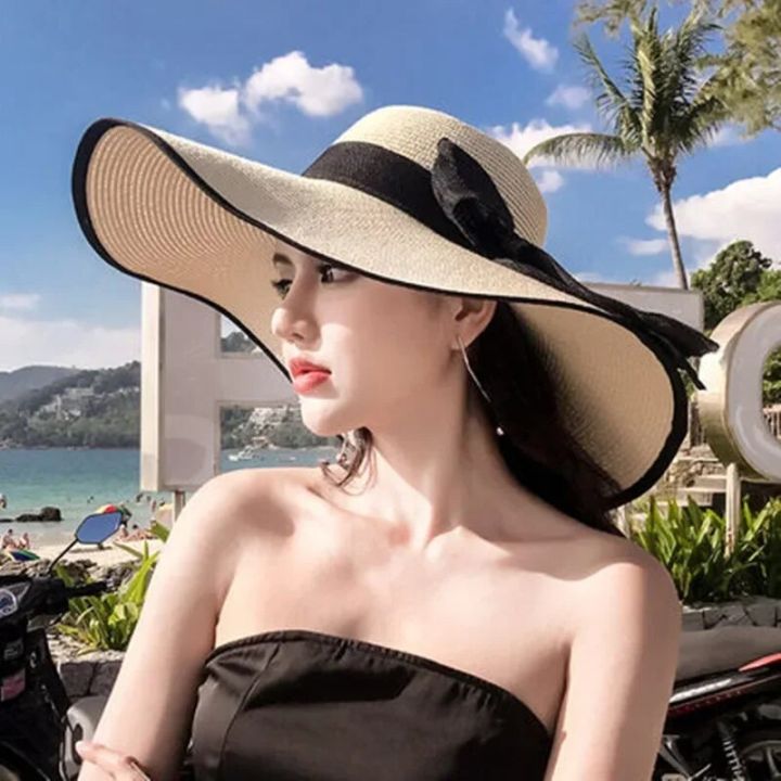 Women Summer Beach Travel Straw Hat Korean Seaside Big Hat Brim Sunblock Sunshade Holiday Foldable Fashion Big Cool Hat Daraz.lk