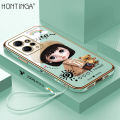 Hontinga for Redmi Note 12 4G Back Cover（Free Lanyard）Luxury 6D Plating Cartoon Satchel Girl Side Pattern Case Soft Silicone Square Mobile Cover. 