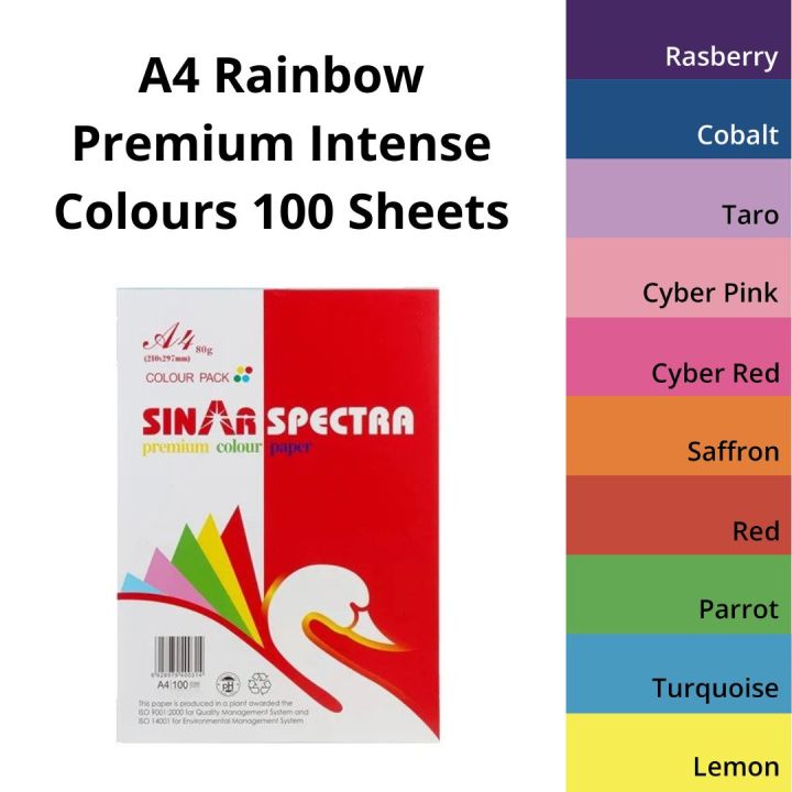 A4 Rainbow Premium 100 Sheets Pack with 10 Colour 80 GSM Sinar Spectra Premium Photocopy Papers