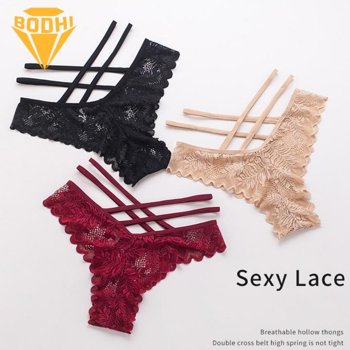 Comfortable Lace Panties Floral Lace Cross Straps Low Waist G