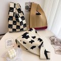 【ALLGOOD】 Niche Design Plaid Shopping Bags Shoulder Bag Women Girls Knot Wrist Bag Tote Bag Handmade Knit Handbag. 