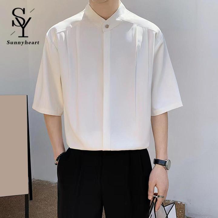 Sunnyheart%20Men%20Solid%20Color%20Shirt%20Men's%20Summer%20Stand%20Collar%20Ice%20Silk%20Shirt%20Casual%20Business%20Top%20for%20Men%20Lightweight%20Half%20Sleeves%20Cardigan%20for%20Office%20Wear%20Lightweight%20Men%20Top%20-%20Image%204