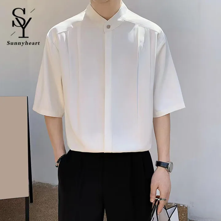 Sunnyheart%20Men%20Solid%20Color%20Shirt%20Men's%20Summer%20Stand%20Collar%20Ice%20Silk%20Shirt%20Casual%20Business%20Top%20for%20Men%20Lightweight%20Half%20Sleeves%20Cardigan%20for%20Office%20Wear%20Lightweight%20Men%20Top%20-%20Image%204