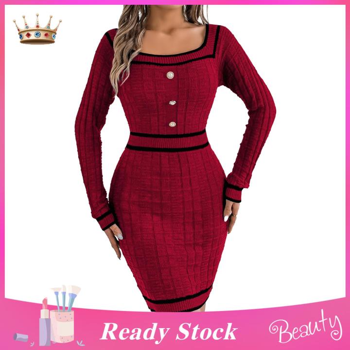 Trendygirl%20Women%20Mercerized%20Cotton%20Dress%20Women%E2%80%99s%20Long%20Sleeve%20Knit%20Bodycon%20Dress%20Square%20Neck%20Slim%20Fit%20Mini%20Sweater%20Dress%20with%20Buttons%20%E2%80%93%20Stylish%20Fall%20Casual%20Tight%20Dress%20for%20Ladies%20Slim%20Fit%20Hip-hugging%20Dress%20-%20Image%202