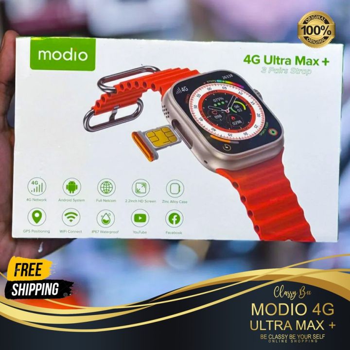 Modio 4G Ultra Max Plus Smart Watch 6GB Ram 64GB Rom Modio 4G Ultra Smart Watch 2.2 inch Display 3 Pairs strap 4G Call Compass Wifi GPS Series 8 Ultra Sim Card Ultra Smartwatch