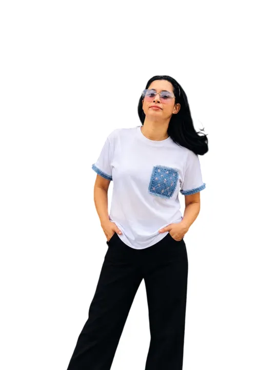 Denim%20Patchwork%20Pocket%20Denim%20Fabric%20Short%20Sleeve%20Round%20Neck%20Casual%20Top%20for%20Summer%20Spring%20Women's%20Clothing%20-%20Image%203