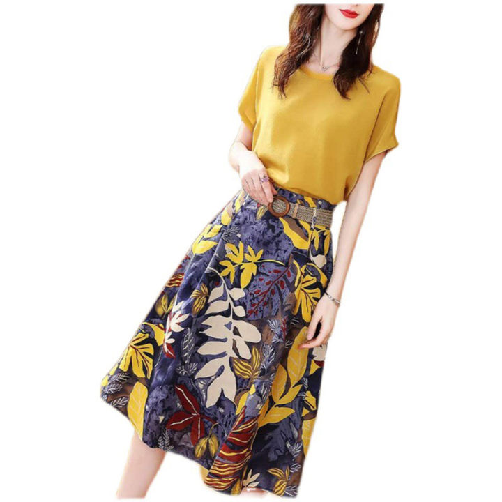 Yfashion%202%20Pcs%20Women%20Skirt%20Suit%20Round%20Neck%20Short%20Sleeve%20T-shirt%20High%20Waist%20Floral%20Skirt%20Leisure%20Clothing%20Set%20color%20-%20Image%209