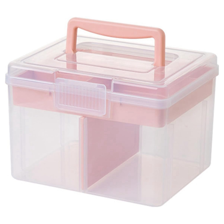Clear Craft Stackable Storage Box with Storage Tray Plastic Multipurpose Storage Container Portable Travel Case 20 X 16 X 14.5cm Pink