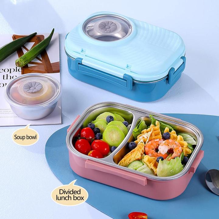 Boys and Girls Bento Lunch Box, Stainless Steel Sealed Lunch Box, 2/3 Compartment with Cutlery Soup Bowl, Compartment Insulated Lunch Box for School and Work