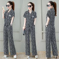 One-Piece/Set 2023Summer New Fashion Slimming Short-Sleeved Printed Top Wide-Leg Pants Casual Two-Piece Suit Women. 