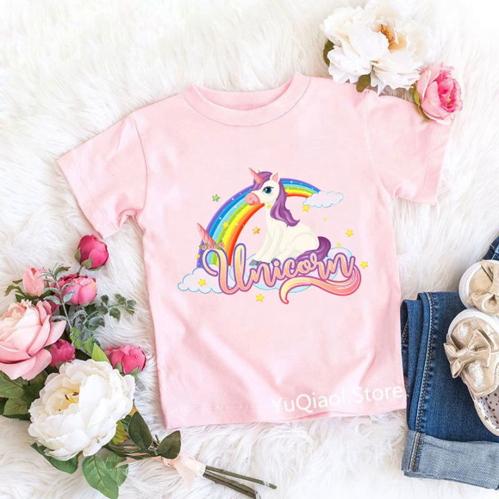 New Lovely Rainbow Unicorn Animal Print Pink Girl T-Shirt Summer Children's Clothes Cute Short Sleeve T Shirt Toddler Kids Teen