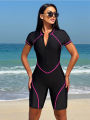 Women's new swimming Korean peach color full body swimsuit style black short-sleeved one-piece swimsuit shorts women's sports surfing suit. 