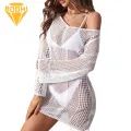 Summer Swimwear Cover-up Hollow Backless Crochet Swimsuit Cover-up for Summer Vacation Women's Sheer Knit Beach Swimwear Tunic Top Knit Swimdress Cover-up. 