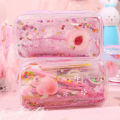 High-Profile Figure Cute Peach Quicksand Pencil Case Girl Heart Creative Sequins Korean Simple Quicksand Stationery Box. 