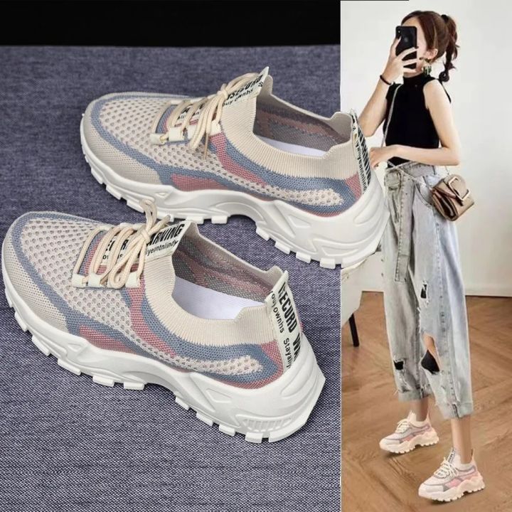 【ZIME】Summer New Arrival Flyknit Mesh Shoes Women's Flats Women's Thin Shoes Breathable Running Sneaker Casual Shoes Non Slip Soft Bottom