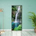 Natural Style Door Green Deep Forest Waterfall Scene Poster Vinyl PVC Waterproof Scratch Resistant Self-adhesive Door Sticker. 