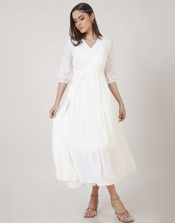 Spring & Summer Off White Tiered Maxi Dress with V-Neck