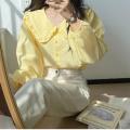 Sweet Peter Pan Collar Shirt Women Vintage Long Sleeve Blouse Preppy Style Yellow Blue Loose Buttons Youth Tops 2023 Y2k. 