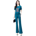 Yfashion 2 Pcs Women Outfits Round Collar Short Sleeve T-shirt Flared Pants Fashion Casual Sports Sweater Suit color. 