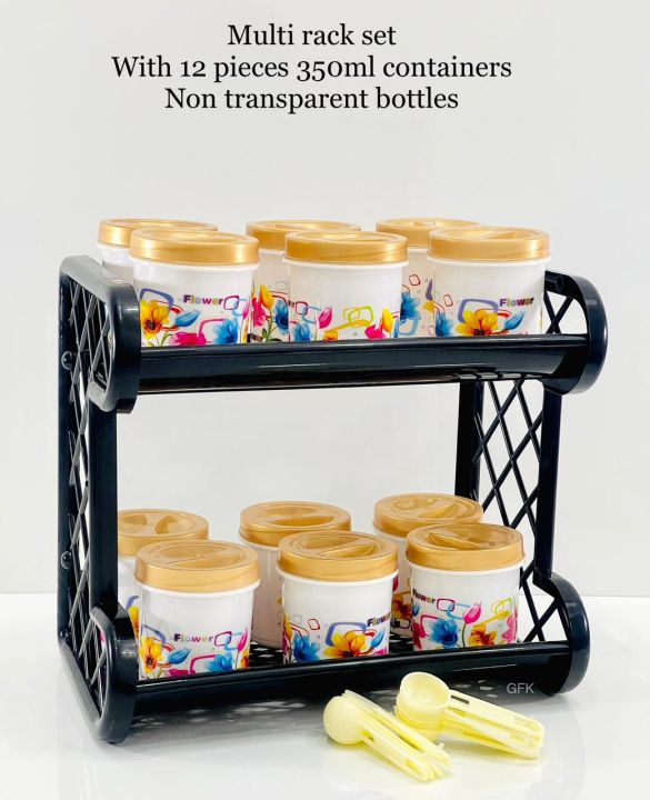 Storage Rack Containers Black Multi Rack Set With 12 Pieces non transparent Containers and Spoons ...
