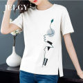 IELGY Short-sleeved t-shirt women loose literary print t-shirt. 