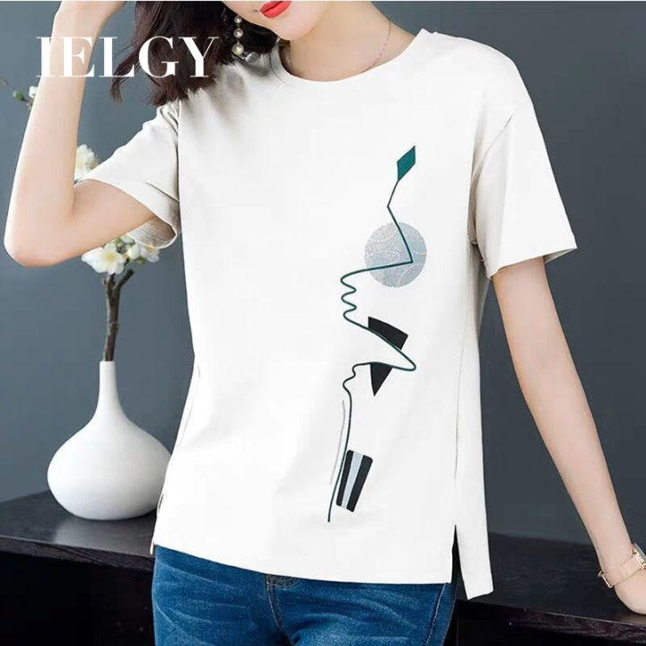 IELGY Short-sleeved t-shirt women loose literary print t-shirt