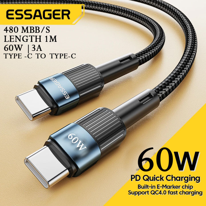 ESSAGER 60W - TYPE-C TO TYPE-C PD CABLE - ORRIGINAL GENUINE CABLE - 480MBBS/S - QUICK CHARGE 4.0