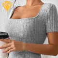 Solid Color Square Neckline Dress Square Neck Knitted Midi Dress for Women Summer Party Commute Dress Women Dress. 