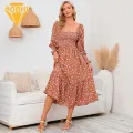 Lady Long Dress Floral Print Square Neck Midi Dress Long Sleeve A-line Spring Fall Dress for Women Backless Patchwork Hem Pleated Dress with Elastic Bust Fashion Spring Chiffon Dress. 