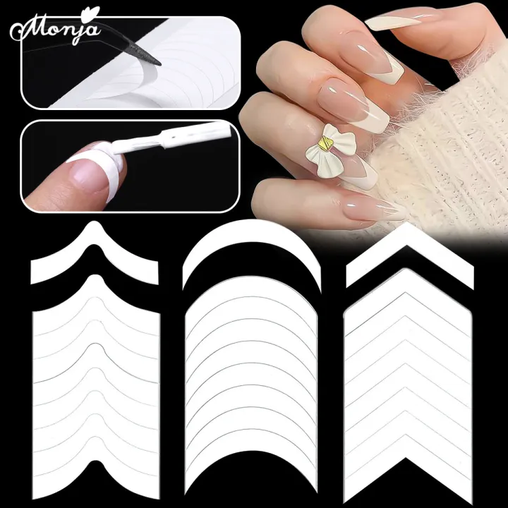 Monja 2 Sheet French Tip Guides Nail Sticker White Manicure Stripe Lines Adhesive Decals Nail Art Diy Professional Tool