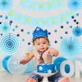 Happy Birthday Blue Banner with Shiny Gold Letters White Paper Bunting Garland Photo Booth Backdrop Hanging Cardstock Party Decorations. 