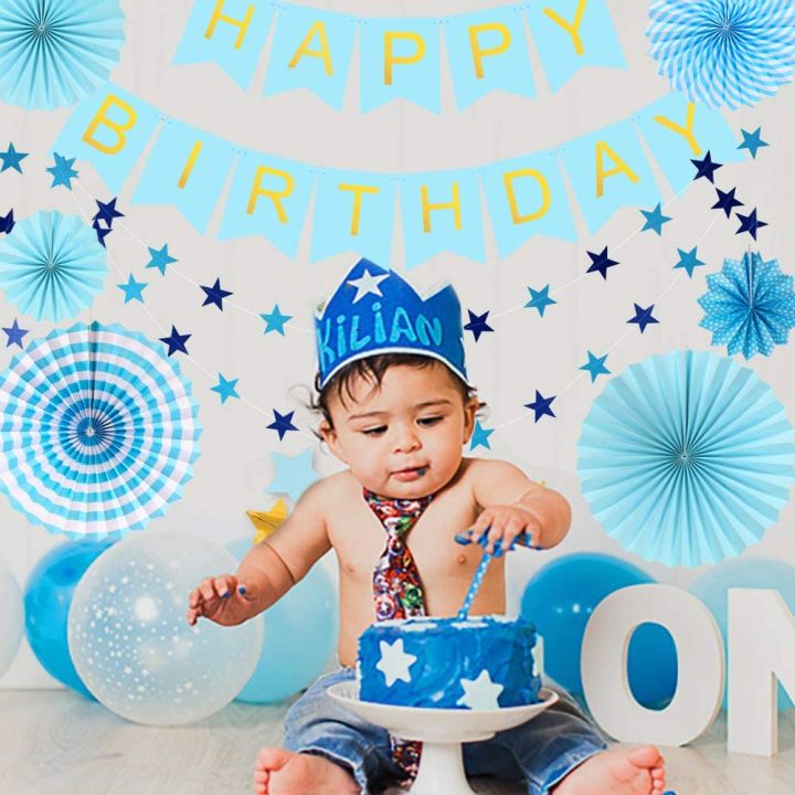 Happy Birthday Blue Banner with Shiny Gold Letters White Paper Bunting Garland Photo Booth Backdrop Hanging Cardstock Party Decorations