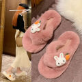 2024 fall and winter new cute cartoon hair slippers warm flat at home wearing a word slippers women’s shoes. 